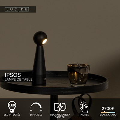 Lucide IPSOS - Lampe de table Rechargeable - Batterie/Piles - LED Dim. - 1x3W 2700K - Noir